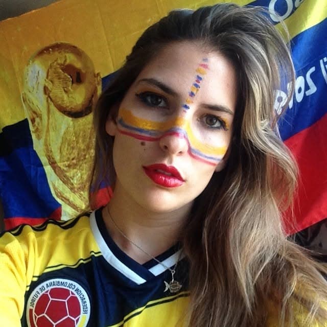 Olivia Tarpey with Colombia face paint, reflecting her British-Colombian heritage.