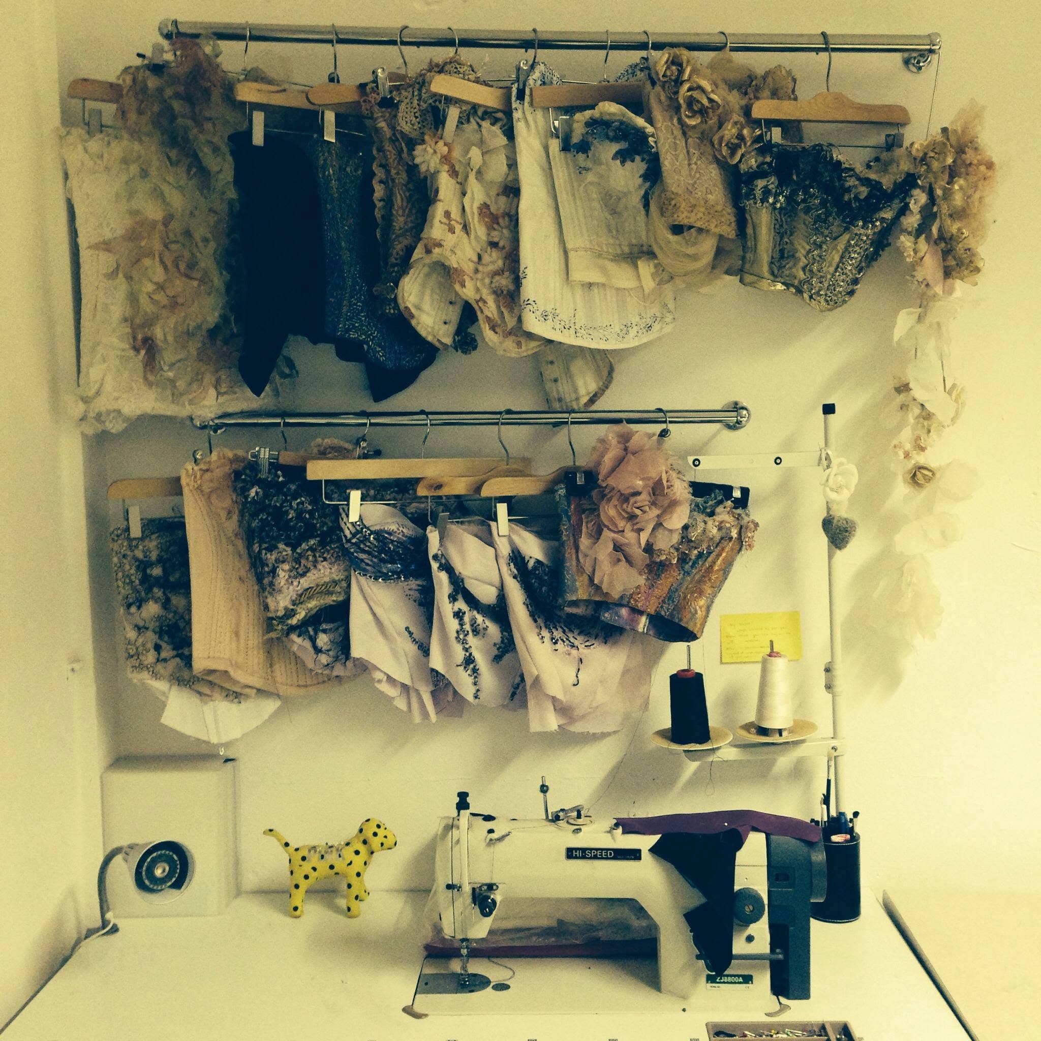 Corset details displayed in Olivia Tarpey's atelier.